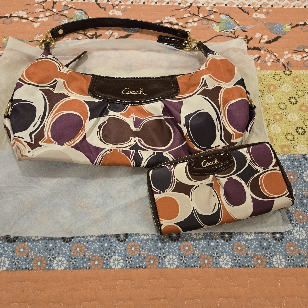 Coach Ashley Scarf Print Hobo Bag + Wallet Set, Like New, w/ Dust Bag